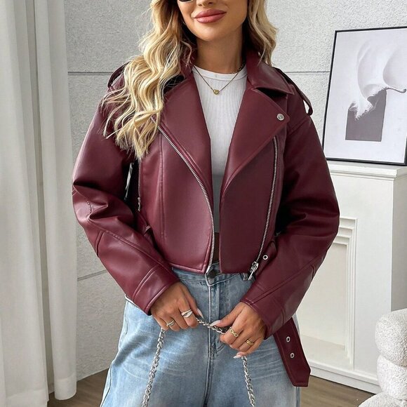 Burgundy Casual Women's Minimalist Zipper faux leather Short Jacket - Picture 1 of 6